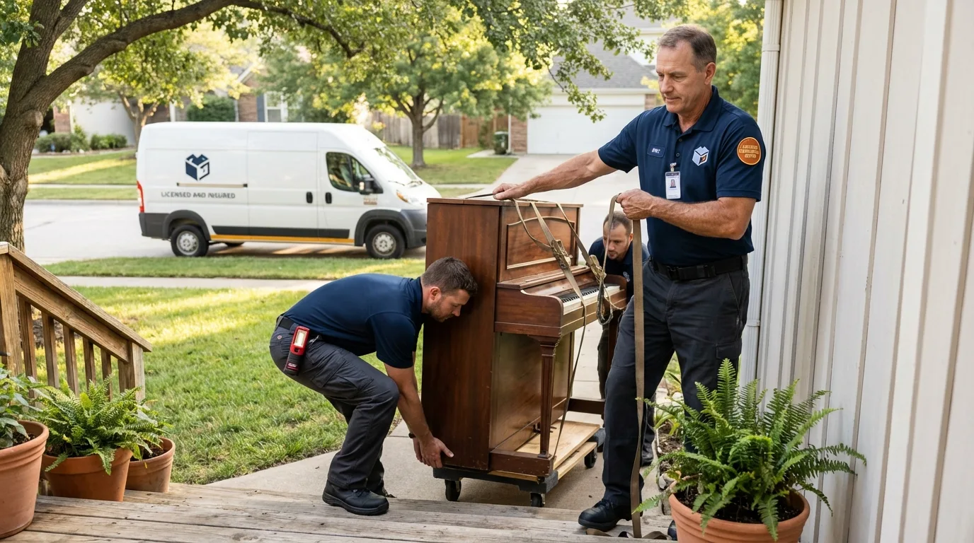 Licensed piano movers securing grand piano in Bakersville, NC