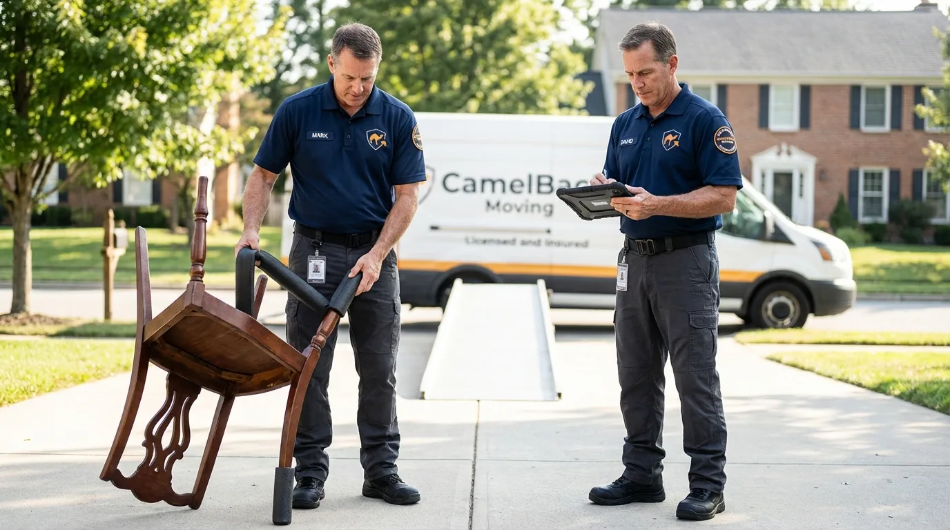 Movers inspecting furniture for damage prevention before loading in Bakersville, NC