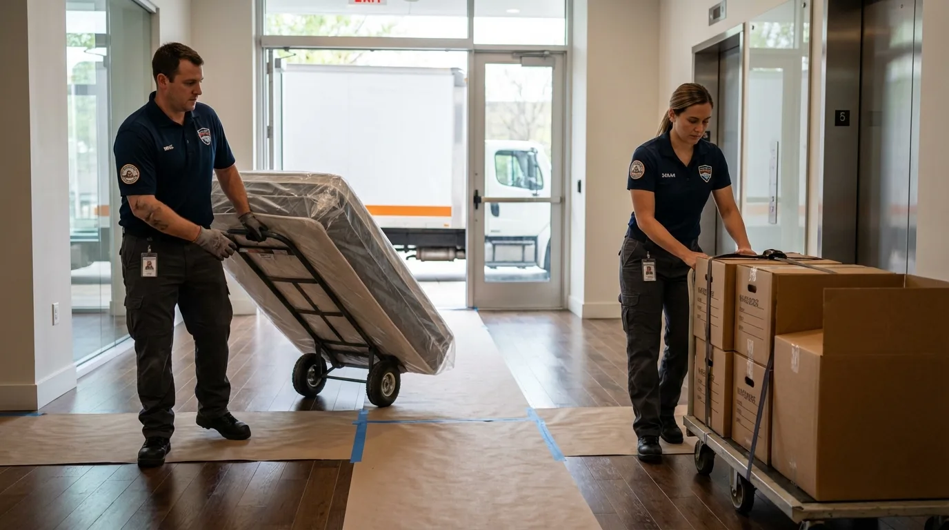 Professional apartment movers loading elevator in Bakersville, NC